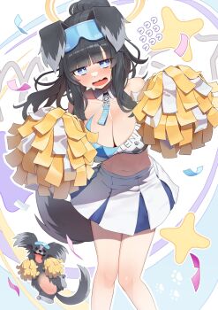 Rule 34 | 1girl, 1other, :d, absurdres, animal, animal ears, bare shoulders, black hair, blue archive, blue eyes, blue skirt, blush, breasts, cheerleader, cleavage, collarbone, crop top, dog, dog ears, dog girl, dog tail, eyewear on head, fake animal ears, gloves, hairband, halo, hibiki (blue archive), hibiki (cheer squad) (blue archive), highres, holding, holding pom poms, keureu (tiqkdtiqkd10), large breasts, long hair, looking at viewer, midriff, millennium cheerleader outfit (blue archive), miniskirt, navel, official alternate costume, open mouth, pleated skirt, pom pom (cheerleading), pom poms, ponytail, skirt, smile, standing, star (symbol), star sticker, sticker, sticker on face, sweat, tail, clothes writing, thighs, white skirt, yellow halo