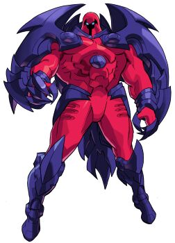 Rule 34 | 1990s (style), 1998, 1boy, absurdres, armor, bengus, bodysuit, capcom, claws, game cg, giant, glowing, glowing eyes, helmet, highres, looking at viewer, marvel, marvel vs. capcom, marvel vs. capcom 1, muscular, non-web source, official art, onslaught (x-men), red bodysuit, retro artstyle, solo, western comics (style), wings