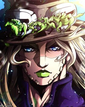 5boys absurdres argyle_clothes argyle_sweater beard blue_eyes boots brown_hair brown_hat comic_cover_redraw commentary cowboy_hat derivative_work diego_brando dress english_commentary facial_hair full_body goggles goggles_on_headwear green_lips gyro_zeppeli hat hatching_(texture) helmet hey_ya_(horse) high_heel_boots high_heels highres horse horseback_riding johnny_joestar jojo_no_kimyou_na_bouken long_hair looking_at_viewer multiple_boys noonvincent pocoloco portrait purple_shirt redrawn riding sandman_(sbr) shirt silver_bullet_(jojo) slow_dancer_(jojo) solo steel_ball_run sweater