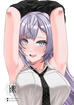 1girl :d armpits arms_up black_necktie blue_eyes breasts collared_shirt commentary english_commentary grey_hair highres hololive hololive_indonesia landacdeus large_breasts long_hair looking_at_viewer necktie official_alternate_costume open_mouth shirt simple_background sleeveless sleeveless_shirt smile solo upper_body vestia_zeta vestia_zeta_(businesswoman) virtual_youtuber white_background white_shirt