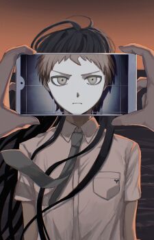 Rule 34 | 1boy, absurdres, arms at sides, black hair, breast pocket, brown hair, collared shirt, danganronpa (series), danganronpa 2: goodbye despair, frown, green necktie, highres, hinata hajime, holding, holding phone, kamukura izuru, long hair, necktie, outdoors, parody, part7 (1217ri ri), phone, pocket, sayonara eri, shirt, short sleeves, solo focus, spiked hair, split theme, sunset
