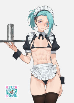 1girl abs apron aqua_hair arm_tattoo bikini black_shrug black_thighhighs black_wrist_cuffs breasts breasts_apart can closed_mouth commentary cowboy_shot drink_can ear_piercing english_commentary face_piercing hand_up highres kuso_otoko long_hair looking_at_viewer maid maid_bikini maid_headdress medium_breasts monster_energy piercing purple_eyes qr_code shrug_(clothing) skindentation soda_can solo string_bikini swimsuit tattoo thighhighs tray unconventional_maid uragoner waist_apron white_background white_headdress wrist_cuffs