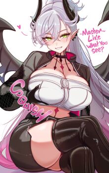 Rule 34 | 0nineo9, 1girl, absurdres, bat wings, black choker, black thighhighs, blush, breasts, choker, colored extremities, commentary, commission, commissioner upload, crossed legs, demon horns, english commentary, english text, fate/grand order, fate (series), gradient hair, green eyes, heart, highres, horns, jacket, large breasts, lilith (fate), lilith (over the same sky) (fate), long hair, multicolored hair, neck tattoo, non-web source, pencil skirt, ponytail, pubic tattoo, skirt, smile, solo, tattoo, thighhighs, very long hair, white hair, wings