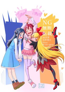 3girls black_pantyhose blonde_hair blue_eyes blue_hair blush commission cure_diamond dokidoki!_precure dress full_moon highres hishikawa_rikka long_hair long_sleeves maboroshineko moon multiple_girls pantyhose pink_hair pink_skirt pink_thighhighs precure purple_eyes regina_(dokidoki!_precure) short_hair skeb_commission skirt sleeveless sleeveless_dress smile thighhighs