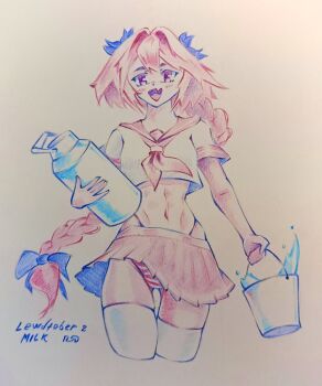 Rule 34 | 1boy, abs, astolfo (fate), astolfo (sailor paladin) (fate), belly, blush, bow, braid, bucket, bulge, can, colored pencil (medium), cowboy shot, crossdressing, crossdressing (mtf), highres, holding, holding bucket, holding can, inktober, lewdtober, long braid, long hair, male focus, meme, milk, navel, panties, penis in panties, pink hair, pink panties, pink sailor collar, pink shirt, pleated skirt, purple eyes, sailor collar, school uniform, self-upload, serafuku, shirt, signature, skirt, starflight, striped clothes, striped panties, thighhighs, thighs, traditional media, trap, underwear, white thighhighs