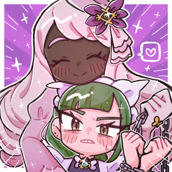 2girls blunt_bangs blush border chain chained_wrists closed_eyes closed_mouth commentary_request dark-skinned_female dark_skin dot_nose ear_piercing eyelashes fascinator glint green_ahir green_eyes hair_ornament heart holding holding_chain jacinthe_(pokemon) kuki_hamu21 lebanne_(pokemon) long_hair maid_headdress mega_stone multiple_girls nintendo piercing pink_hair pokemon pokemon_legends:_z-a smile spoken_heart sweatdrop teeth very_dark_skin white_border white_headdress