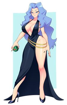 Rule 34 | 1girl, belt, black dress, black nails, black shoes, blue eyes, blue hair, blush, breasts, cleavage, collarbone, dress, dusk ball, gold belt, high heels, holding, holding poke ball, karen (pokemon), large breasts, long hair, looking at viewer, nail polish, nintendo, poke ball, pokemon, pokemon gsc, shoes, side slit, sleeveless, sleeveless dress, smile, standing, white background, zeshgolden