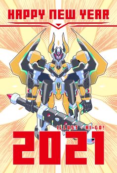 2021 armor artist_name black_armor chinese_zodiac claw_(weapon) club_(weapon) commentary_request full_body happy_new_year hi-go! highres holding holding_club holding_weapon mecha new_year original robot robot_girl solo weapon year_of_the_ox