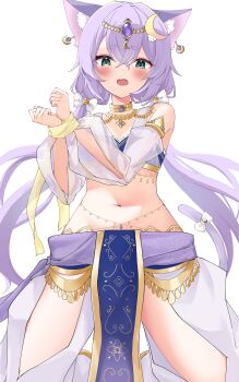 1girl absurdres animal_ear_fluff animal_ears bare_shoulders blush breasts cat_ears choumiryou cosplay dancer earrings green_eyes hair_between_eyes hair_ornament highres jewelry long_hair looking_at_viewer maimai_(game) navel open_mouth purple_hair salt_(maimai) see-through_clothes small_breasts solo white_background