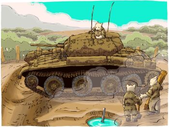 3boys antennae blue_sky cannon cat_boy caterpillar covenanter_(tank) dirt_road highres holding holding_shovel military_uniform military_vehicle motor_vehicle mud multiple_boys original planted planted_shovel road shovel sky soldier tank vehicle_focus yabarn