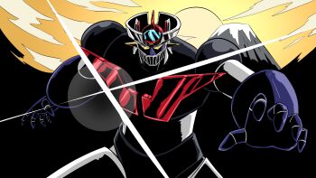 absurdres aircraft airplane armor blue_armor cloud commentary deputy_rust english_commentary glowing glowing_eyes highres horns mazinger_(series) mazinger_z mazinger_z_(mecha) mecha mecha_focus mountain mountaintop no_humans open_hand pilder red_armor robot science_fiction solo sparkle standing sun super_robot upper_body weapon yellow_eyes