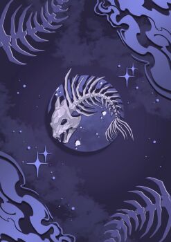 abstract_background air_bubble animal_focus animal_print animal_skeleton bone bubble colored_smoke commentary english_commentary fish fish_print fish_skeleton fish_skeleton_print full_moon he_xuan highres monochrome moon no_humans open_mouth purple_background purple_theme shadow sharp_teeth skeleton smoke sparkle teeth tianguan_cifu underwater verbartt