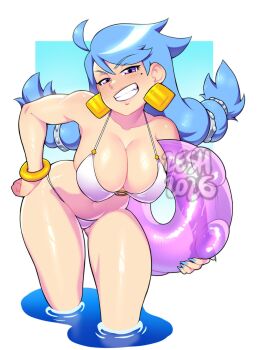 1girl 2026 20s ahoge azura_raze bikini blue_hair blue_nails blush bracelet braid breasts cleavage collarbone earrings fang grin hand_on_own_hip holding holding_swim_ring innertube jewelry large_breasts leaning_forward long_hair looking_at_viewer mole mole_under_eye nail_polish navel o-ring o-ring_bikini original purple_eyes smile standing swim_ring swimsuit teeth twin_braids wading water wet white_background white_bikini zeshgolden