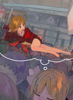 1girl bare_legs barefoot brown_eyes chips_(food) closed_eyes collared_shirt commentary crowd english_commentary food highres jacket legs lying on_side open_mouth original red_eyes red_jacket red_shoes sekoshi_(some1else45) shirt shoes solo_focus some1else45 speech_bubble thought_bubble toes train_interior unworn_shoes white_shirt