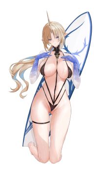 1girl absurdres bikini black_bikini black_collar blonde_hair blue_eyes blue_hands breasts collar commentary english_commentary fleurdelys_(wuthering_waves) gluteal_fold highres horns jewelry large_breasts long_horns long_legs looking_at_viewer necklace parted_lips pointy_ears sidelocks simple_background solo stomach swimsuit tacet_mark_(wuthering_waves) thigh_strap thighs white_background wuthering_waves xsatoh yellow_horns