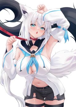 1girl :o absurdres animal_collar animal_ear_fluff animal_ear_piercing animal_ears aqua_eyes arm_up armpit_focus armpits belt black_belt black_shorts blue_neckerchief braid breasts cleavage_cutout clothing_cutout collar commentary_request cowboy_shot crossed_bangs detached_sleeves fox_ears fox_girl fox_tail front_slit hand_up highres hololive hood hooded_vest hoodie large_breasts leash light_blush long_hair looking_at_viewer low_ponytail midriff_peek navel neckerchief parted_lips paw_pose ponytail presenting_armpit red_collar red_leash shirakami_fubuki shirakami_fubuki_(1st_costume) short_shorts shorts side_braid sidelocks simple_background single_braid solo strapless tail thigh_strap tks_rkgk underboob_cutout vest virtual_youtuber white_background white_hair white_hoodie white_sleeves white_vest wide_sleeves