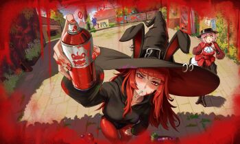 1girl 2girls absurdres aerosol borrowed_character ear_piercing graffiti haonfest hat highres holding holding_spray_can lollipop_in_mouth long_hair multiple_girls original piercing red_eyes red_hair solo spray_can spray_paint spraying val_(yan_kodiac) witch_hat
