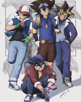 4boys bakuten_shoot_beyblade baseball_cap beyblade black_hair black_shirt blonde_hair blue-eyes_ultimate_dragon blue_gloves blue_hair blue_pants blue_shirt brown_hair brown_shorts charizard closed_eyes commentary crossover denim digimon digimon_(creature) digimon_adventure digivice english_commentary fingerless_gloves gen_1_pokemon gloves goggles group_picture hat highres jacket jewelry kinomiya_takao millennium_puzzle monochrome_background multiple_boys muto_yugi nintendo pants pendant pokemon pokemon_(anime) pokemon_(classic_anime) pokemon_(creature) purple_eyes purple_hair red_hat red_jacket retrogalit shirt shorts spiked_hair squatting standing walking wargreymon