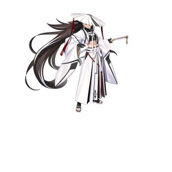 1girl black_gloves brown_eyes brown_hair crop_top fate/grand_order fate_(series) full_body gloves hair_ribbon hakama haori hat highres holding holding_sword holding_weapon japanese_clothes japanese_hat katana kawakami_gensai_(fate) kawakami_gensai_(third_ascension)_(fate) large_variant_set long_hair looking_at_viewer midriff multicolored_hair navel official_art ponytail ribbon shirt shoes solo standing streaked_hair sword tachi-e takeuchi_takashi third-party_source transparent_background two-tone_hair variant_set weapon white_hair white_hakama white_haori white_hat white_ribbon wide_brim