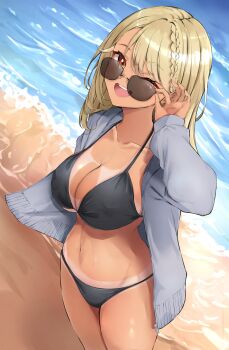 Rule 34 | 1girl, absurdres, adjusting eyewear, beach, bikini, black bikini, blonde hair, braid, breasts, cleavage, collarbone, commentary, cowboy shot, fang, grey hoodie, highres, hood, hoodie, kaminari qpi, kuwakuma, medium breasts, medium hair, navel, one eye closed, open mouth, red eyes, single braid, solo, standing, sunglasses, swept bangs, swimsuit, tanline peek, virtual youtuber, vspo!