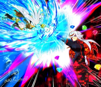 1boy 1girl aged_up alternate_design animal_ears animal_nose battle black_dress blue_eyes body_fur bracelet chaos_emerald dress furry furry_male glitch gloves gold_bracelet grey_fur hair_over_one_eye hedgehog_boy highres jewelry kad_productions long_hair long_sleeves multicolored_hair neo_sage_(sonic) one_eye_covered red_eyes red_hair sage_(sonic) short_tail silver_the_hedgehog sonic_(series) sonic_frontiers sonic_the_hedgehog_(2006) tail telekinesis white_gloves white_hair