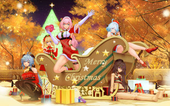 5girls ahoge barbara_(genshin_impact) barefoot bench black_pantyhose blonde_hair blue_eyes box breasts brown_hair chinese_commentary christmas christmas_present clothing_cutout commentary_request crown dated_commentary doll_joints dress elysia_(honkai_impact) feet furina_(genshin_impact) ganyu_(genshin_impact) genshin_impact gift gift_box goat_horns heart-shaped_box herta_(honkai:_star_rail) herta_(puppet)_(honkai:_star_rail) highres holding holding_box honkai:_star_rail honkai_(series) honkai_impact_3rd horns joints medium_breasts merry_christmas mihoyo multiple_girls naked_ribbon pantyhose red_dress ribbon santa_claus santa_costume santa_dress side_cutout sled small_breasts smile squatting toes tree twintails yuan_(xp1447998769)