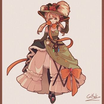 Rule 34 | 1girl, adjusting hair, artist name, bare shoulders, belt, belt pouch, black pantyhose, blonde hair, bow, brown belt, chinstrap, dress, drill hair, elbow gloves, flower, full body, gixi (gixaliz), gloves, green dress, green eyes, green footwear, green gloves, green hat, grin, hand on headwear, hand up, hat, hat feather, hat flower, highres, long dress, long hair, looking at viewer, low twintails, orange bow, pantyhose, picture hat, pouch, red flower, reverse:1999, signature, skirt hold, sleeveless, sleeveless dress, smile, solo, sotheby, twin drills, twintails, watch, white background