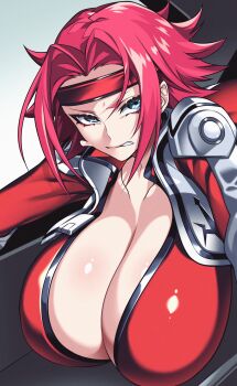 1girl absurdres alternate_breast_size_(larger) blue_eyes bodysuit breasts cleavage clenched_teeth cockpit code_geass collarbone hair_intakes hairband highres huge_breasts hz_(666v) jacket jumpsuit kouzuki_kallen large_breasts leaning_forward long_sleeves looking_at_viewer medium_hair open_clothes open_jacket partially_unzipped pilot_suit piloting reaching red_hair red_jumpsuit solo straddling teeth upper_body