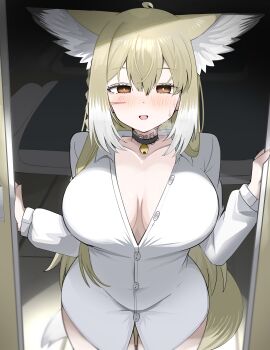 1girl :d absurdres animal_ear_fluff animal_ears arknights bell black_choker blush breasts brown_eyes brown_hair choker collarbone collared_shirt dress_shirt fox_ears fox_girl fox_tail hair_between_eyes hand_up highres jingle_bell large_breasts long_sleeves looking_at_viewer multicolored_hair naked_shirt neck_bell open_mouth puffy_long_sleeves puffy_sleeves shirt small_sweatdrop smile solo spam_(spamham4506) sweat tail two-tone_hair vulpisfoglia_(arknights) white_hair white_shirt