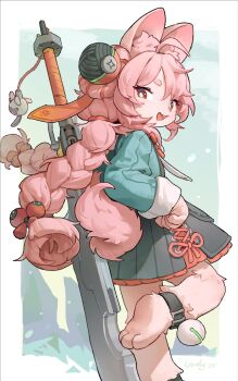 1girl absurdres accessories animal_ear_fluff black_skirt bright_pupils charm_(object) ear_piercing furry furry_female grass green_shirt hair_ornament hand_on_own_hip highres la-ndy leaning_on_weapon leg_up medallion open_mouth orange_skirt piercing pink_fur pink_hair rabbit_girl red_eyes screw shirt short_eyebrows skirt solo thick_eyebrows twintails weapon white_fur white_pupils zenless_zone_zero zhao_(zenless_zone_zero)