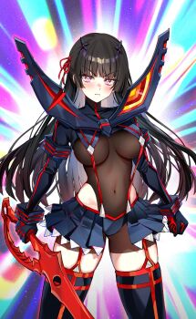 1girl black_gloves black_hair black_shorts black_shrug black_skirt black_thighhighs black_unitard blush breasts chisa_(wuthering_waves) clenched_hand closed_mouth clothing_cutout commentary cosplay covered_navel english_commentary foxyreine gloves hair_ribbon headgear highres hip_vent holding holding_sword holding_weapon kill_la_kill large_breasts long_hair long_sleeves looking_at_viewer matoi_ryuuko matoi_ryuuko_(cosplay) mole mole_under_eye red_eyes red_ribbon ribbon scissor_blade_(kill_la_kill) senketsu shorts showgirl_skirt shrug_(clothing) skirt solo suspender_skirt suspenders sword thighhighs thighs v-shaped_eyebrows very_long_hair weapon wuthering_waves