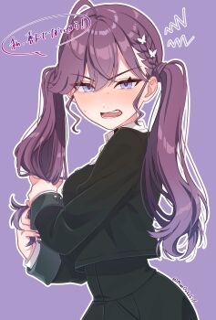 1girl ahoge black_jacket black_skirt blush braid breasts butterfly_hair_ornament commentary cropped_jacket dot_nose embarrassed fangs from_side gakuen_idolmaster gokugetsu_academy_school_uniform grabbing_own_hair hair_between_eyes hair_ornament high-waist_skirt highres holding holding_own_hair idolmaster jacket kaya_rinha long_hair long_sleeves looking_at_viewer medium_breasts mole mole_on_neck munoekaki6 nose_blush open_mouth outline purple_background purple_eyes purple_hair school_uniform shirt shout_lines side_braid sidelocks simple_background skirt solo speech_bubble sweat teeth translation_request turning_head twintails twitter_username upper_body v-shaped_eyebrows white_outline white_shirt