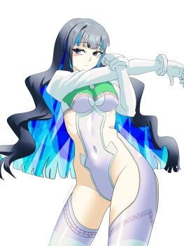 1girl absurdres black_hair blue_hair boots breasts colored_inner_hair cosplay covered_navel dantonphanton eyeliner fate/grand_order fate_(series) gloves grey_eyes highres juliet_sleeves kukulkan_(fate) kukulkan_(fate)_(cosplay) kukulkan_(second_ascension)_(fate) leotard long_hair long_sleeves looking_at_viewer makeup multicolored_hair puffy_sleeves shrug_(clothing) sideless_outfit sidelocks small_breasts solo tenochtitlan_(fate) thigh_boots thighs white_boots white_gloves white_leotard white_shrug