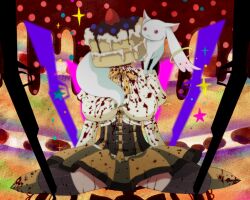 Rule 34 | 1girl, blood, blood on clothes, boots, breasts, cake, chocolate, corset, covered face, faceless, faceless female, food, fruit, headless, kneeling, kyubey, large breasts, legs, magical girl, mahou shoujo madoka magica, mami mogu mogu, ribbon, skirt, strawberry, tagme, thighhighs, tomoe mami, yellow ribbon