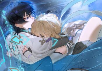 1boy 1girl artist_name black_bodysuit black_bridal_gauntlets black_corset black_gloves black_shorts blonde_hair blue_feathers blue_flower blue_hair blue_halo blue_sleeves blunt_ends bodysuit bridal_gauntlets clutching_clothes colored_inner_hair comcom_(comcomhey) commentary corset couple cross-laced_clothes cross-laced_corset detached_sleeves dress eyelashes eyeliner feather_hair_ornament feathers fingernails flower gem genshin_impact gloves glowing_gem glowing_markings hair_flower hair_ornament hakama hakama_shorts half-closed_eyes halo halo_behind_head hand_on_another's_head hands_on_another's_back head_on_chest hetero hole_in_chest hole_on_body hug injury japanese_clothes kimono layered_sleeves looking_at_another looking_to_the_side lumine_(genshin_impact) makeup mandarin_collar multicolored_flower multicolored_hair partially_fingerless_gloves pleated_shorts puff_of_air purple_eyes purple_gem red_eyeliner scaramouche_(genshin_impact) short_sleeves shorts symbol-only_commentary torn_clothes torn_kimono tsurime vambraces wanderer_(genshin_impact) watermark white_dress white_flower white_kimono white_sleeves