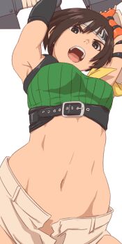 1girl :o abs aonori_misuji armpits asymmetrical_gloves bare_shoulders black_gloves breasts brown_eyes brown_hair brown_shorts carrying_overhead chest_harness commentary cowboy_shot crop_top cropped_sweater elbow_gloves fighting_stance final_fantasy final_fantasy_vii final_fantasy_vii_rebirth final_fantasy_vii_remake fingerless_gloves forehead_protector foreshortening from_below gloves green_headband green_sweater groin hair_between_eyes harness headband holding holding_weapon huge_weapon looking_at_viewer looking_down medium_breasts midriff mismatched_gloves navel open_clothes open_fly open_mouth open_shorts orange_gloves ribbed_sweater short_shorts shorts shouting shuriken simple_background sleeveless sleeveless_turtleneck solo standing strap sweater teeth toned toned_female turtleneck turtleneck_sweater upper_teeth_only v-shaped_eyebrows weapon white_background yuffie_kisaragi