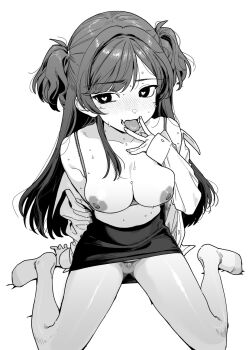 1girl blush bra bra_pull breasts breasts_out clothes_down clothes_pull greyscale heart heart-shaped_pupils highres large_breasts long_hair looking_at_viewer miyako_no_gohan monochrome nipples open_clothes open_shirt original panties panties_under_pantyhose pantyhose pencil_skirt shirt sitting skirt solo sweat symbol-shaped_pupils tongue tongue_out two_side_up underwear v v_over_mouth wariza