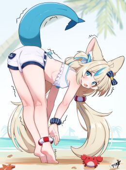 1girl absurdres ahoge animal_ear_fluff animal_ears ass bare_legs bare_shoulders barefoot beach bent_over bikini blonde_hair blue_eyes blue_hair blush boppin bow breasts covered_erect_nipples crab fang feet fins fish_tail full_body hair_bow highres indie_virtual_youtuber kneepits legs long_hair looking_at_viewer looking_back low_twintails multicolored_hair open_mouth outdoors sameko_saba shorts signature skin_fang small_breasts soles solo standing starfish streaked_hair stretching swimsuit tail tiptoes trembling twintails very_long_hair virtual_youtuber white_shorts