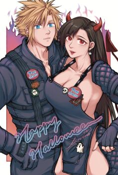 1boy 1girl apron badge black_apron black_gloves black_hair black_jacket black_pants blonde_hair blue_eyes border breasts button_badge caiman_(dorohedoro) caiman_(dorohedoro)_(cosplay) cleavage closed_mouth cloud_strife collarbone commentary cosplay cowboy_shot demon_horns demon_tail detached_sleeves dorohedoro earrings final_fantasy final_fantasy_vii final_fantasy_vii_remake fingerless_gloves ghost gloves halloween halloween_costume happy_halloween highres horns jacket jewelry large_breasts linono long_hair looking_at_viewer naked_apron nikaidou_(dorohedoro) nikaidou_(dorohedoro)_(cosplay) outside_border pants parted_lips pumpkin red_eyes red_horns red_lips short_hair sideboob signature spiked_hair tail tifa_lockhart white_border