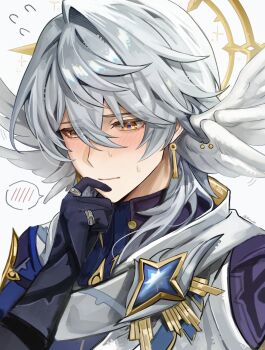 1boy artist_name asada_sadao black_gloves blue_coat blush closed_mouth coat earrings embarrassed feathered_wings flying_sweatdrops gloves gold_earrings grey_hair hair_between_eyes hair_intakes halo halo_behind_head hand_on_own_chin hand_up head_wings highres honkai:_star_rail honkai_(series) jewelry male_focus medium_hair multicolored_coat piercing purple_shirt ring shirt simple_background solo sparkle speech_bubble spoken_blush sunday_(honkai:_star_rail) sweatdrop twitter_username upper_body white_background white_coat white_wings wing_piercing wings yellow_eyes