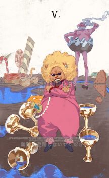 Rule 34 | 2boys, candy, commentary, crossed arms, cup, food, formal clothes, full body, hand on own hip, hat, high heels, highres, lollipop, male focus, multiple boys, one piece, pekoms, pink hat, pink suit, roman numeral, sample watermark, siyangou49, smoke, suit, sunglasses, tamago (one piece), watermark