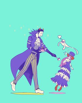 1boy 1girl age_difference artist_request blush breasts cake cosplay devil_fruit dress drill_hair facial_hair food formal_clothes gecko_moria_(cosplay) ghost glasses hands_in_pockets hat highres holding holding_food horns kizaru_(one_piece) long_hair looking_at_another looking_at_viewer one_piece perona pink_hair simple_background size_difference smile surprised very_long_hair walking what