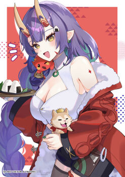 Rule 34 | 1girl, bare shoulders, braid, braided ponytail, breasts, cleavage, coat, commentary, crown, dog, earrings, english commentary, food, food-themed hair ornament, green nails, hair ornament, highres, holding, horns, indie virtual youtuber, jewelry, large breasts, long hair, oni, onigiri, onigiri (vtuber), onigiri hair ornament, open mouth, purple hair, red coat, shorts, smile, taki tohko, thighhighs, thighs, very long hair, virtual youtuber, yellow eyes