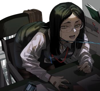 1girl bandaid bandaid_on_hand black_hair black_nails black_pantyhose black_skirt bracelet breasts chair collared_shirt commentary_request cup glasses grey_eyes grey_sweater_vest gunjyou_(gunjyou_00) highres jewelry lanyard long_hair lower_teeth_only medium_breasts nail_polish name_tag nervous_sweating notebook office_lady open_mouth original pantyhose pen pencil_skirt pulling shirt sitting skirt solo sweat sweater_vest teeth thighband_pantyhose translation_request white_shirt