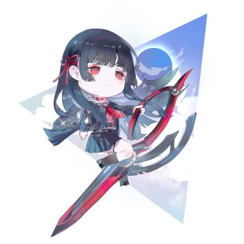 1girl absurdres arm_cutout black_choker black_hair black_jacket black_serafuku black_shirt black_skirt black_socks chibi chibi_only chisa_(wuthering_waves) choker clothing_cutout commentary_request derivative_work hair_ribbon highres holding holding_sword holding_weapon jacket long_hair long_sleeves neckerchief parted_lips red_eyes red_neckerchief red_ribbon ribbon school_uniform serafuku shigureszku shirt skirt socks solo sword thigh_strap weapon wuthering_waves