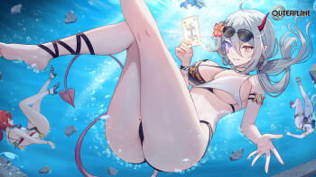 3girls anklet armband ass back bare_legs bare_shoulders bikini blue_eyes blue_skin bracelet breasts bubble cameltoe card cleavage cleavage_cutout closed_eyes clothing_cutout colored_skin dahlia_(outerplane) demon_horns demon_tail earrings facial_tattoo flower foam hair_flower hair_ornament heart heart_tattoo hieroglyphics high_heels highres horns jewelry large_breasts light_smile logo long_hair looking_at_object micro_bikini monster_girl multicolored_eyes multiple_girls official_art open_hand orange_eyes outerplane pointy_ears ponytail red_hair regina_(outerplane) shark sideboob smirk star_(symbol) sunglasses sunlight swimsuit tail tattoo teeth thighhighs thighlet underboob underwater valentine_(outerplane) water white_hair yellow_eyes