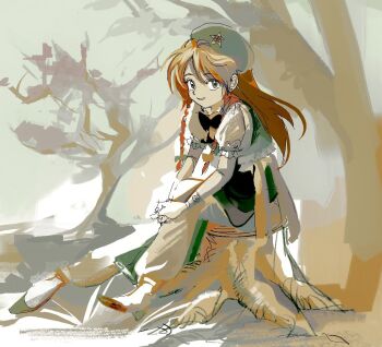 1990s_(style) 1girl 6osquet beret black_bow black_bowtie bow bowtie braid cropped_vest floating_hair full_body green_bow green_eyes green_hat green_shoes green_vest grin hair_bow hat high-waist_skirt hong_meiling limited_palette long_hair long_skirt looking_at_viewer on_tree_stump orange_hair outdoors pants pants_under_skirt pelvic_curtain puffy_pants puffy_short_sleeves puffy_sleeves retro_artstyle shirt shoes short_sleeves side_braids sitting skirt smile solo touhou tree tree_stump twin_braids vest white_pants white_shirt