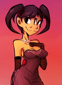 1girl alternate_costume alternate_hairstyle bare_shoulders black_eyes black_gloves black_hair breasts brown_hair cleavage collarbone colored_skin dress elbow_gloves extra_eyes gloves gradient_background hair_ribbon hand_on_own_chest jewelry lace lace_gloves medium_breasts mii_(nintendo) monster_girl narrow_waist necklace nintendo pearl_necklace ribbon short_twintails smile solo strapless strapless_dress tomodachi_life triclops twintails two_faced_(vinesauce) yellow_skin