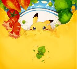 animated beans blanket blue_eyes broccoli closed_eyes commentary_request corn egg food food_art food_focus gen_1_pokemon in_container in_food lettuce looking_at_viewer lying nintendo no_humans omelet omurice on_back oversized_object pikachu plate pokemon pokemon_(creature) rice smile solo tagme tako-san_wiener tears tomato ugoira video welchino yawning