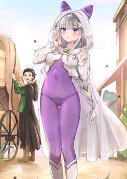 1boy 1girl absurdres bodysuit braid cloak emilia_(re:zero) grey_hair hair_ornament highres hood hood_up hooded_cloak justjast official_alternate_costume purple_bodysuit purple_eyes re:zero_kara_hajimeru_isekai_seikatsu standing